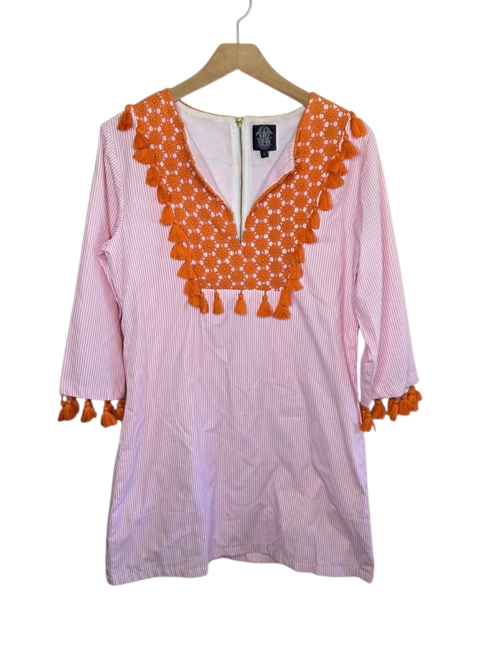 Elizabeth Wilson Pink White Striped Mini Dress Tunic Orange Embroidery Tassels